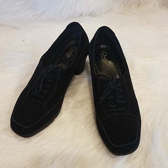 Clarks Shoes - Clark's black suede loafer heeled shoes Sz 7.5m